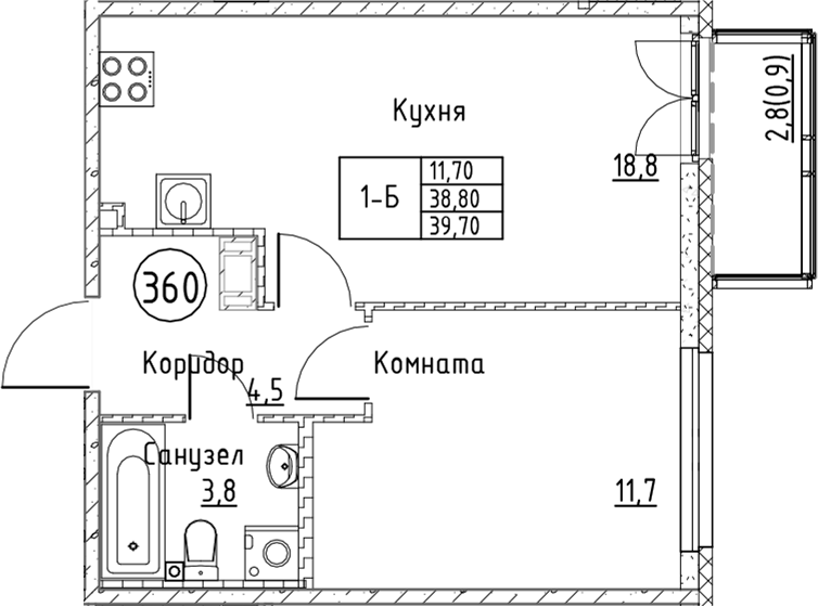 Планировка — Кронунг Юг, 2-комн., 39 м²