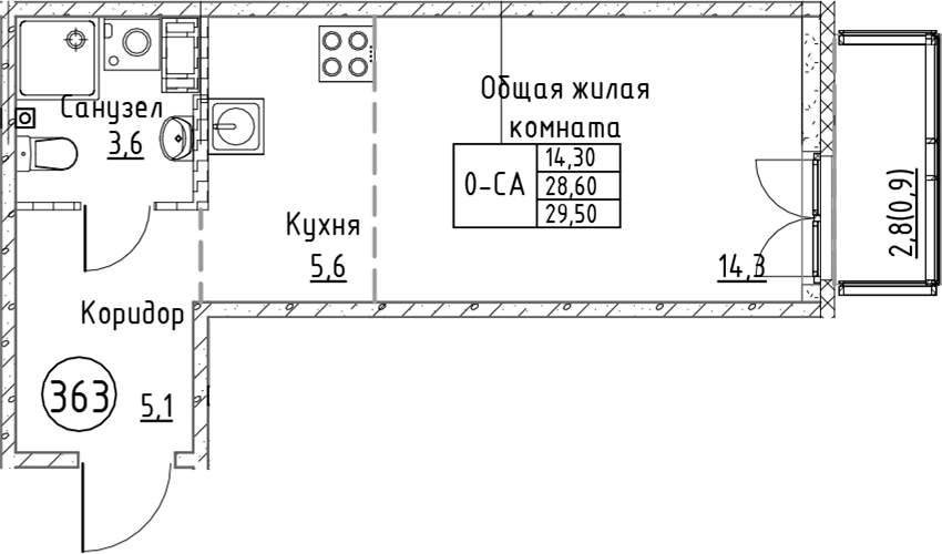 Планировка — Кронунг Юг, Студия, 29 м²