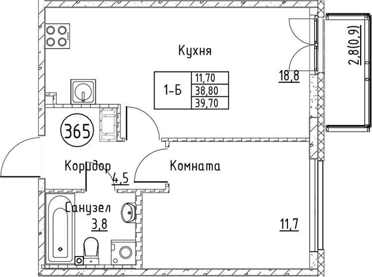 Планировка — Кронунг Юг, 2-комн., 39 м²