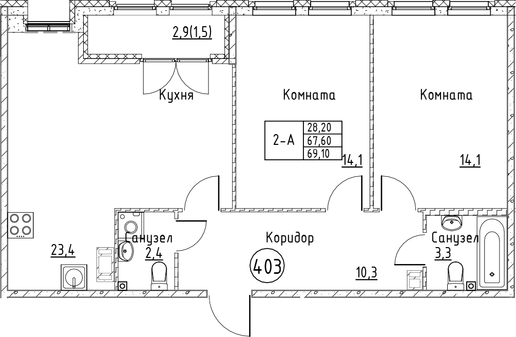 Планировка — Кронунг Юг, 3-комн., 68 м²