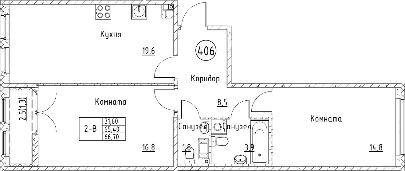 Планировка — Кронунг Юг, 3-комн., 65 м²