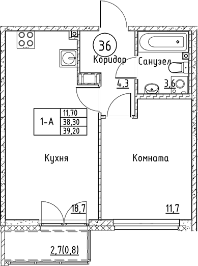 Планировка — Кронунг Юг, 2-комн., 38 м²