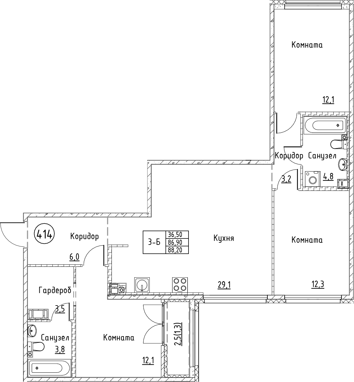 Планировка — Кронунг Юг, 4-комн., 87 м²