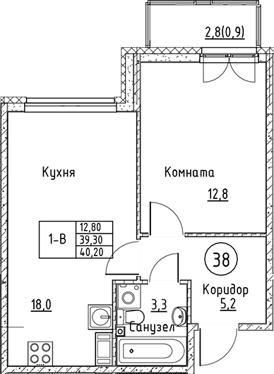 Планировка — Кронунг Юг, 2-комн., 39 м²
