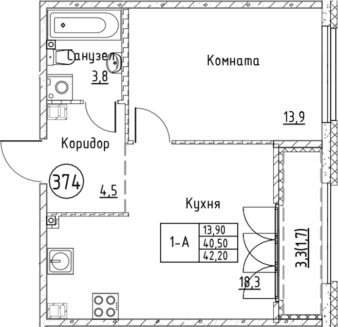 Планировка — Кронунг Юг, 2-комн., 41 м²