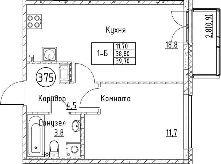 Планировка — Кронунг Юг, 2-комн., 39 м²