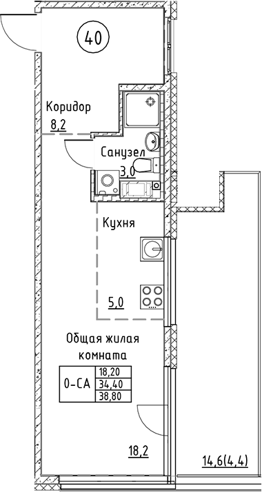 Планировка — Кронунг Юг, Студия, 34 м²