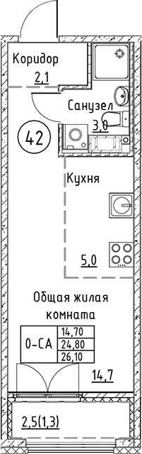 Планировка — Кронунг Юг, Студия, 25 м²