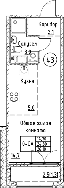 Планировка — Кронунг Юг, Студия, 25 м²