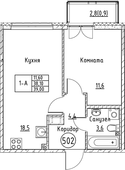 Планировка — Кронунг Юг, 2-комн., 38 м²