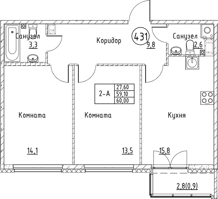Планировка — Кронунг Юг, 3-комн., 59 м²
