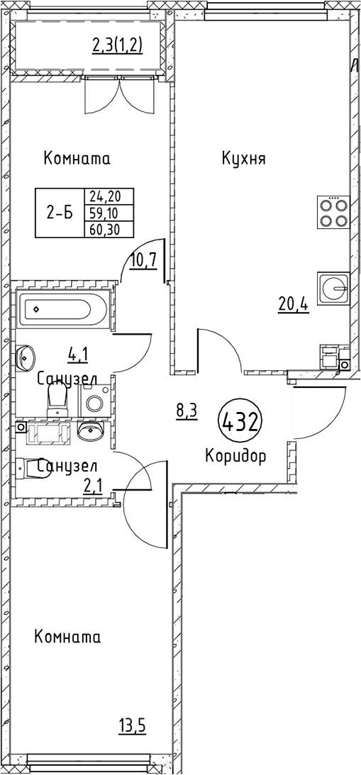 Планировка — Кронунг Юг, 3-комн., 59 м²