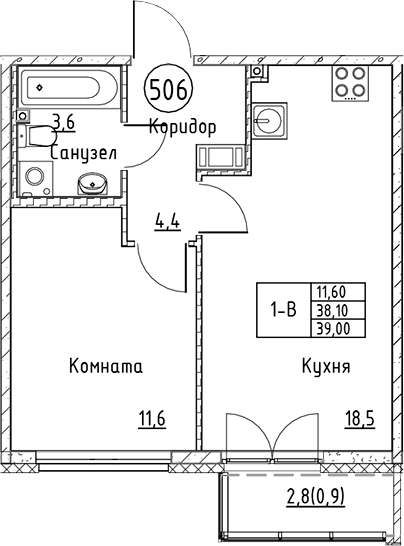 Планировка — Кронунг Юг, 2-комн., 38 м²