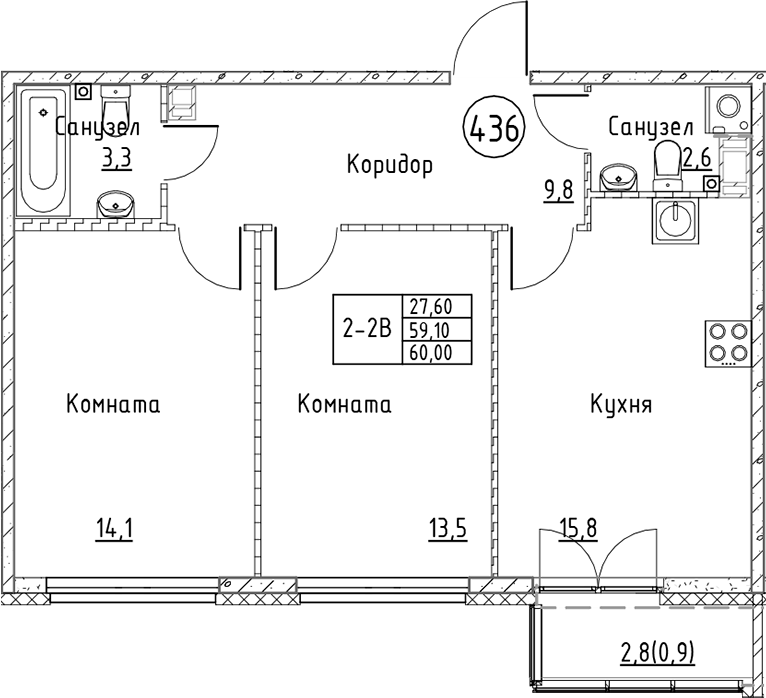 Планировка — Кронунг Юг, 3-комн., 59 м²