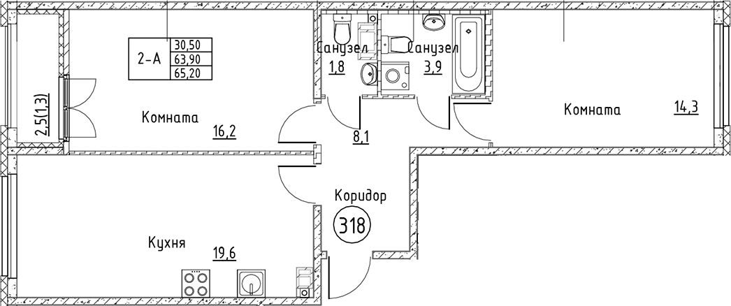 Планировка — Кронунг Юг, 3-комн., 64 м²