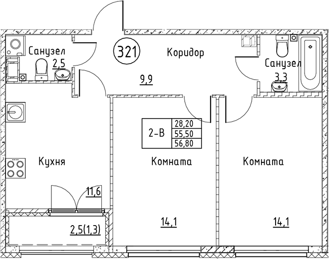 Планировка — Кронунг Юг, 2-комн., 56 м²