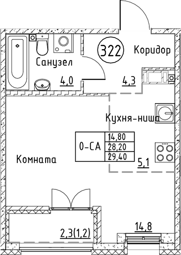 Планировка — Кронунг Юг, Студия, 28 м²