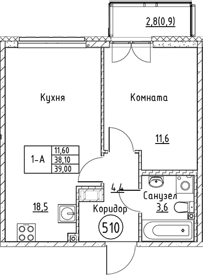 Планировка — Кронунг Юг, 2-комн., 38 м²