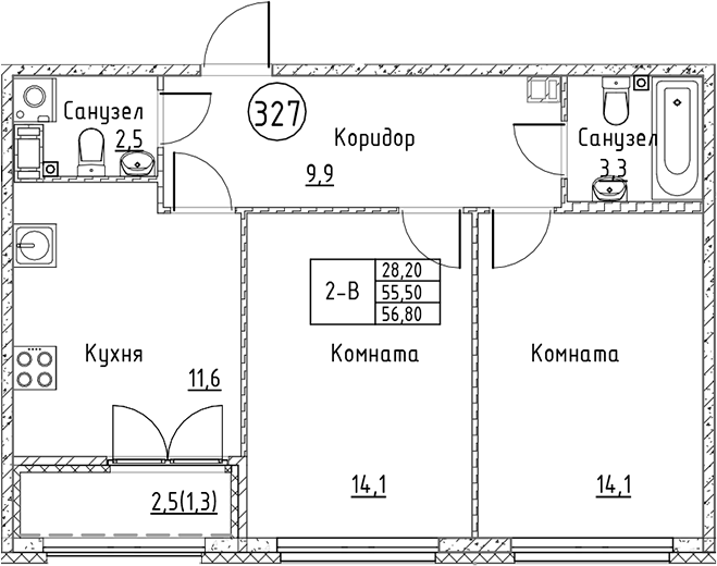 Планировка — Кронунг Юг, 2-комн., 56 м²