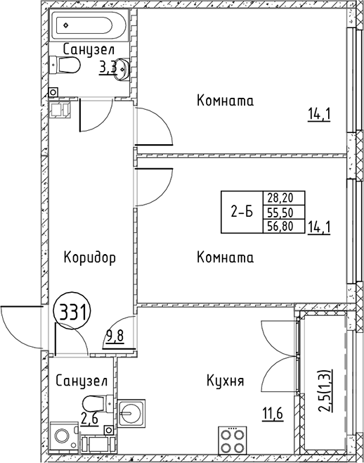 Планировка — Кронунг Юг, 2-комн., 56 м²