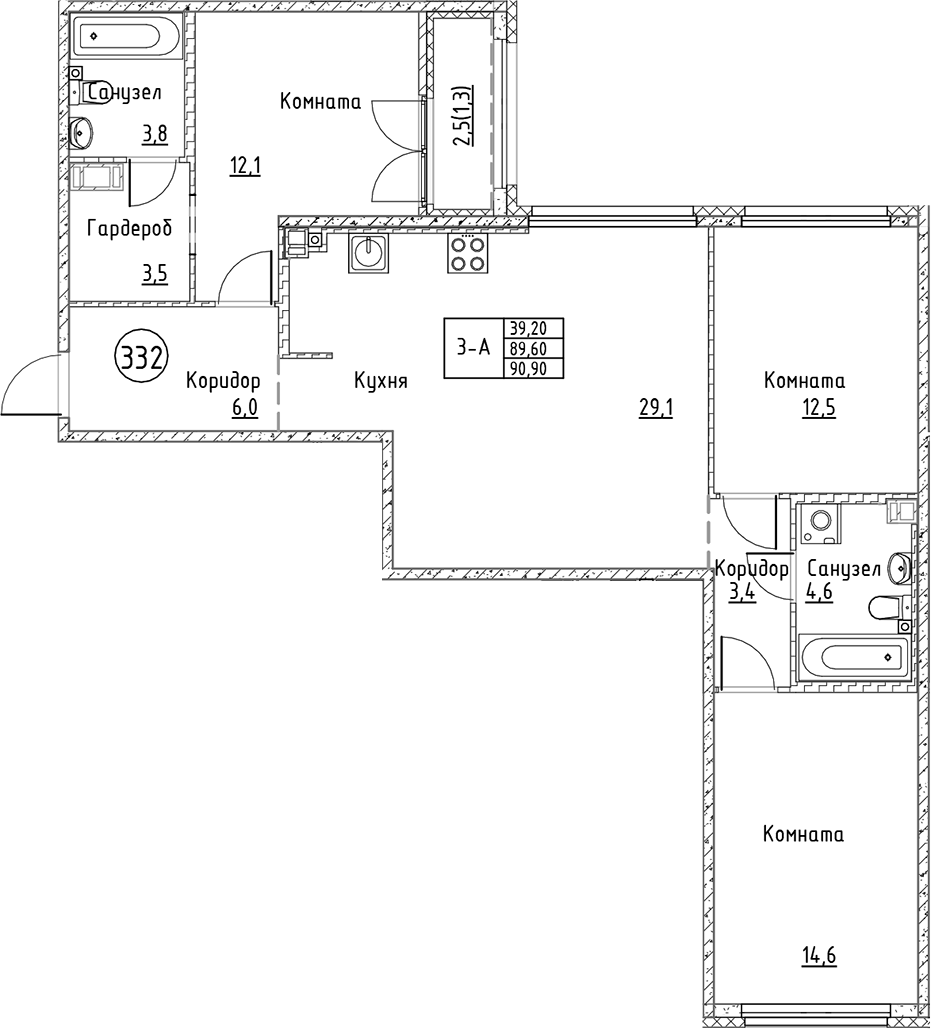 Планировка — Кронунг Юг, 4-комн., 90 м²