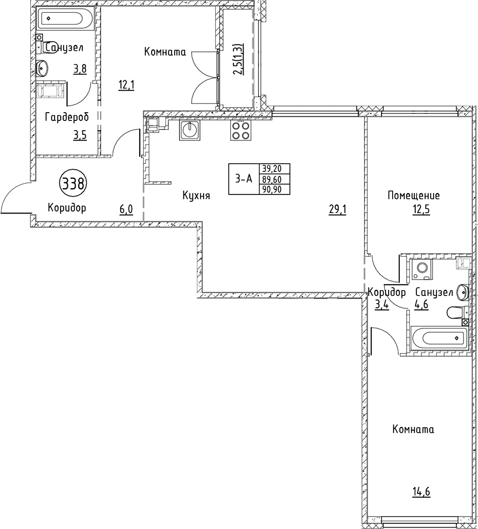 Планировка — Кронунг Юг, 4-комн., 90 м²