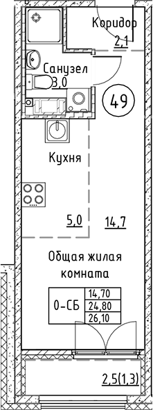 Планировка — Кронунг Юг, Студия, 25 м²