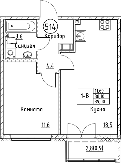 Планировка — Кронунг Юг, 2-комн., 38 м²