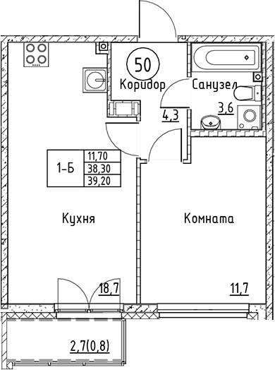 Планировка — Кронунг Юг, 2-комн., 38 м²