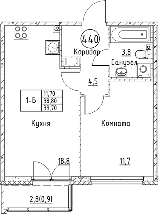 Планировка — Кронунг Юг, 2-комн., 39 м²