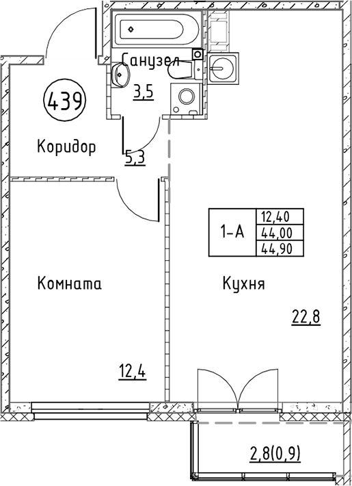 Планировка — Кронунг Юг, 2-комн., 44 м²