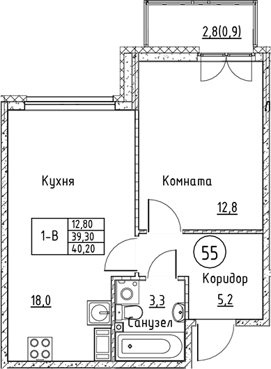 Планировка — Кронунг Юг, 2-комн., 39 м²