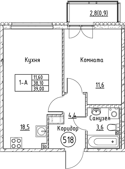 Планировка — Кронунг Юг, 2-комн., 38 м²