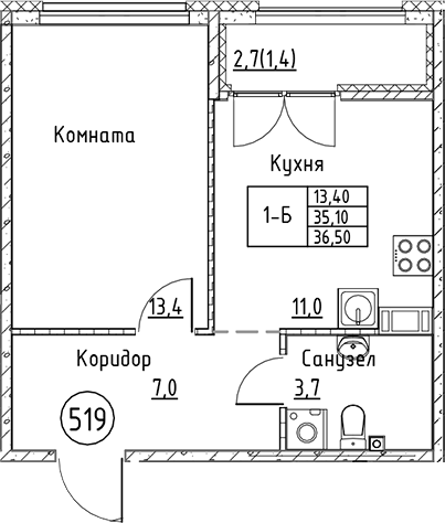 Планировка — Кронунг Юг, 1-комн., 35 м²