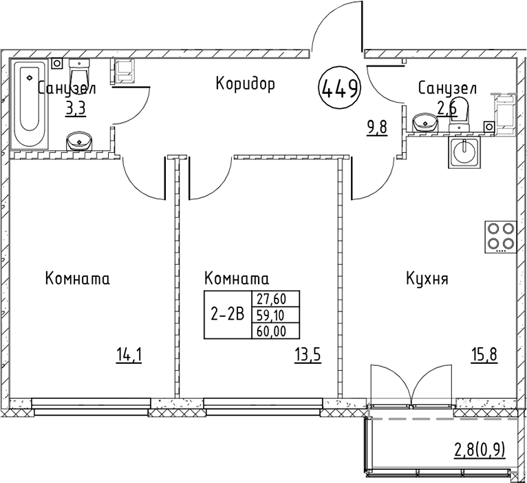 Планировка — Кронунг Юг, 3-комн., 59 м²