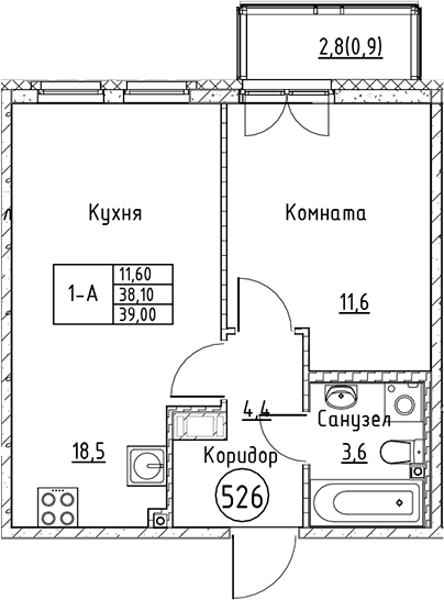 Планировка — Кронунг Юг, 2-комн., 38 м²