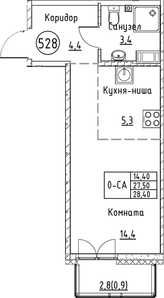 Планировка — Кронунг Юг, Студия, 28 м²