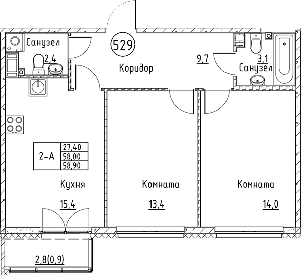 Планировка — Кронунг Юг, 3-комн., 58 м²
