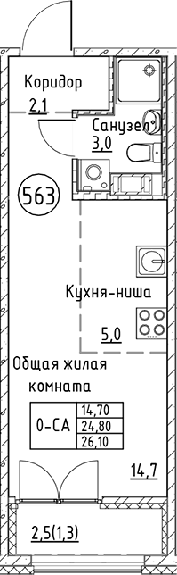 Планировка — Кронунг Юг, Студия, 25 м²