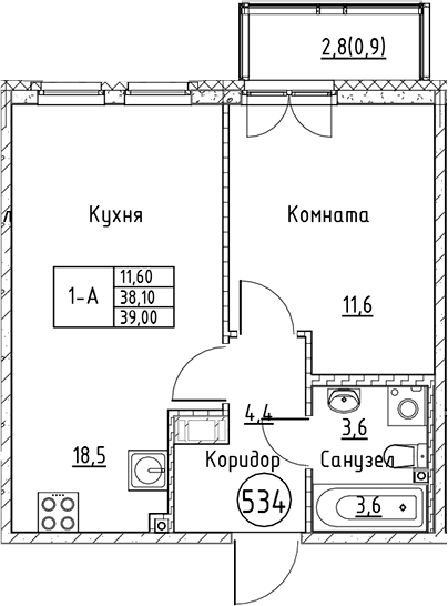 Планировка — Кронунг Юг, 2-комн., 38 м²