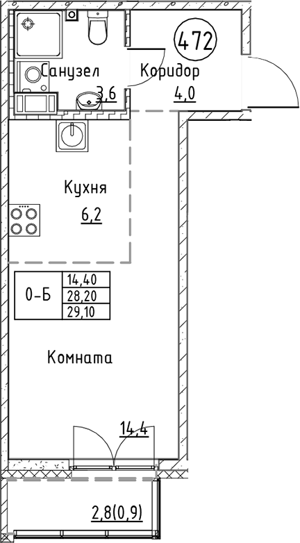 Планировка — Кронунг Юг, Студия, 28 м²