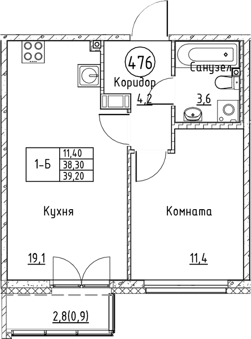 Планировка — Кронунг Юг, 2-комн., 38 м²