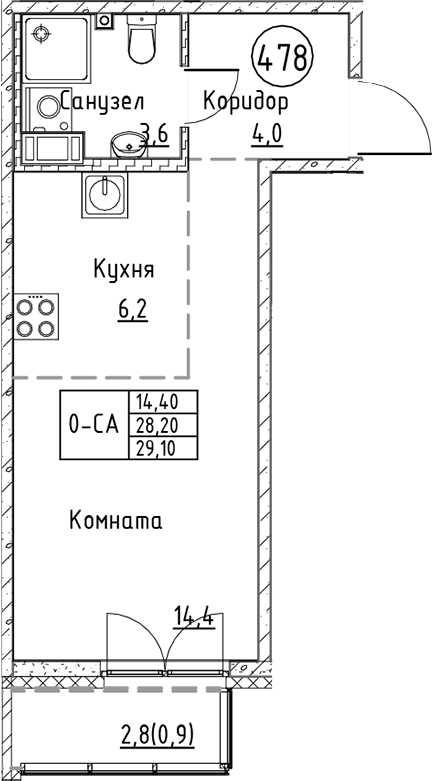 Планировка — Кронунг Юг, Студия, 28 м²