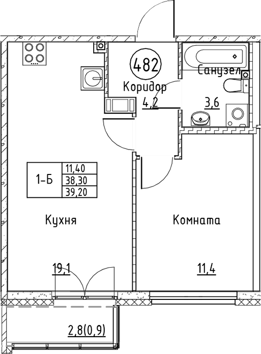 Планировка — Кронунг Юг, 2-комн., 38 м²