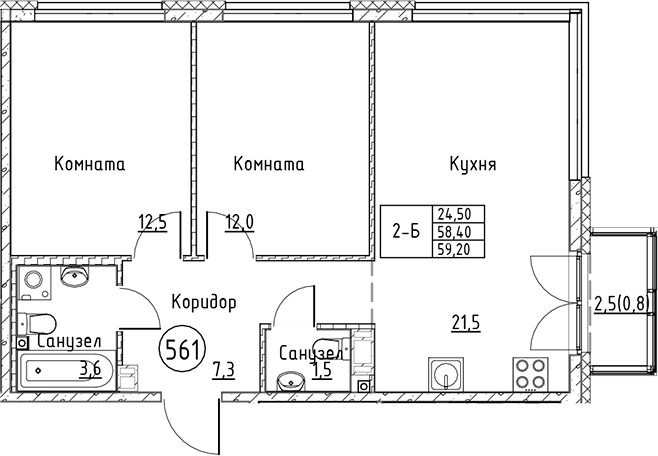 Планировка — Кронунг Юг, 3-комн., 58 м²