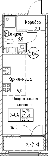 Планировка — Кронунг Юг, Студия, 25 м²