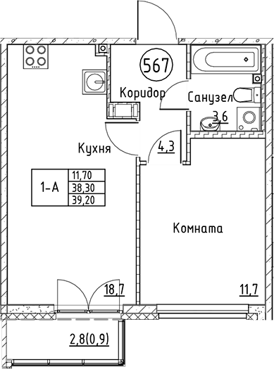 Планировка — Кронунг Юг, 2-комн., 38 м²