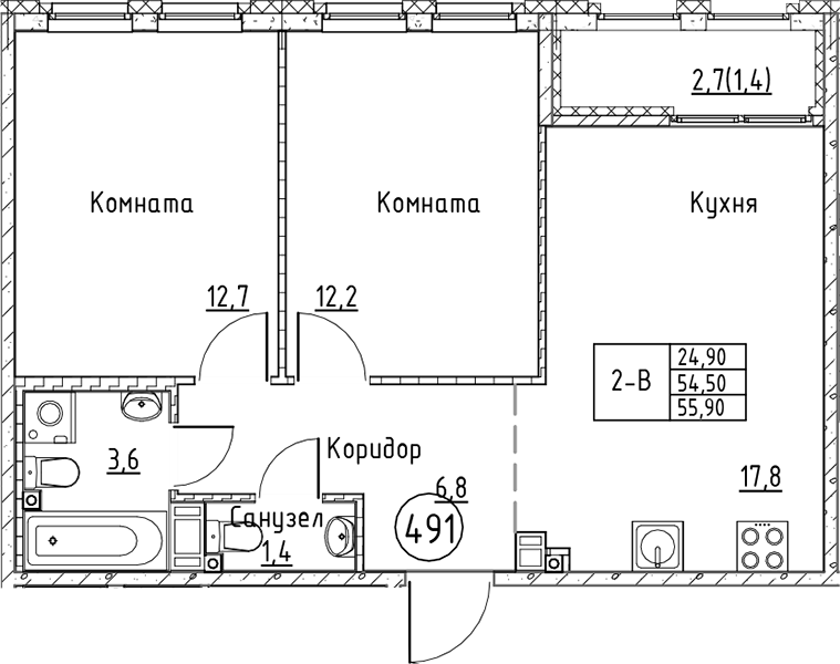 Планировка — Кронунг Юг, 3-комн., 55 м²