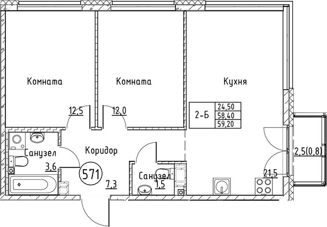 Планировка — Кронунг Юг, 3-комн., 58 м²