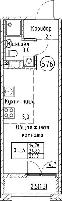 Планировка — Кронунг Юг, Студия, 25 м²